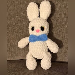 White Plush Bunny Toy with Blue Bow